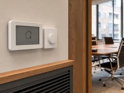 Wall thermostat beside the heating grille in Helios Boardroom