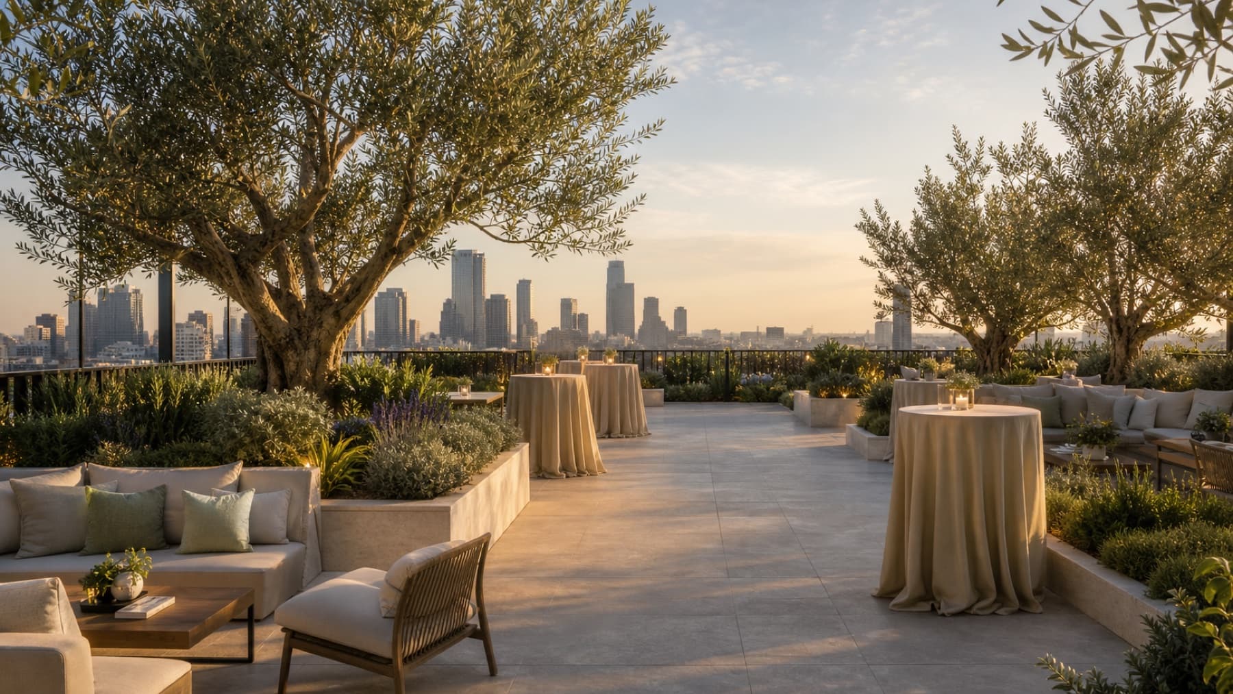 A prepared roof terrace at sunset